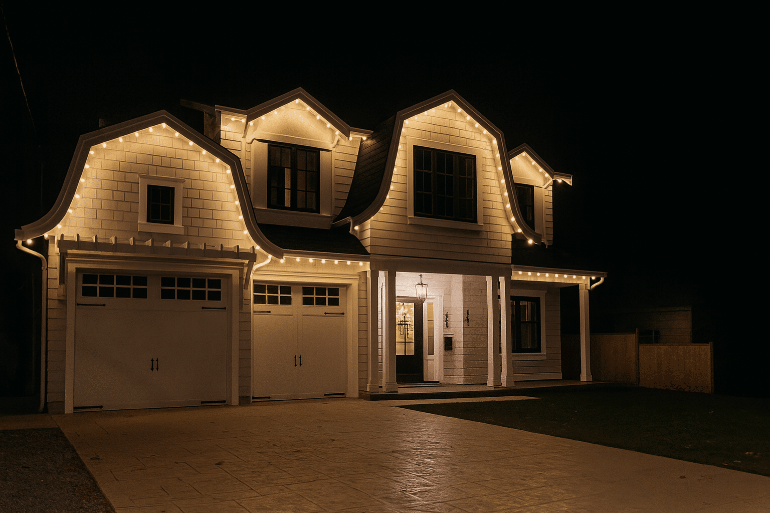 Warm white Christmas light roofline installation in Vancouver home.