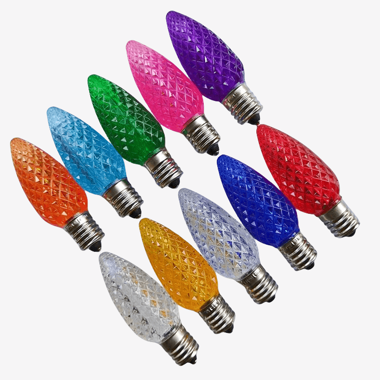 Assortment of coloured C9 bulbs: red, green, blue, amber, purple, pink, and more